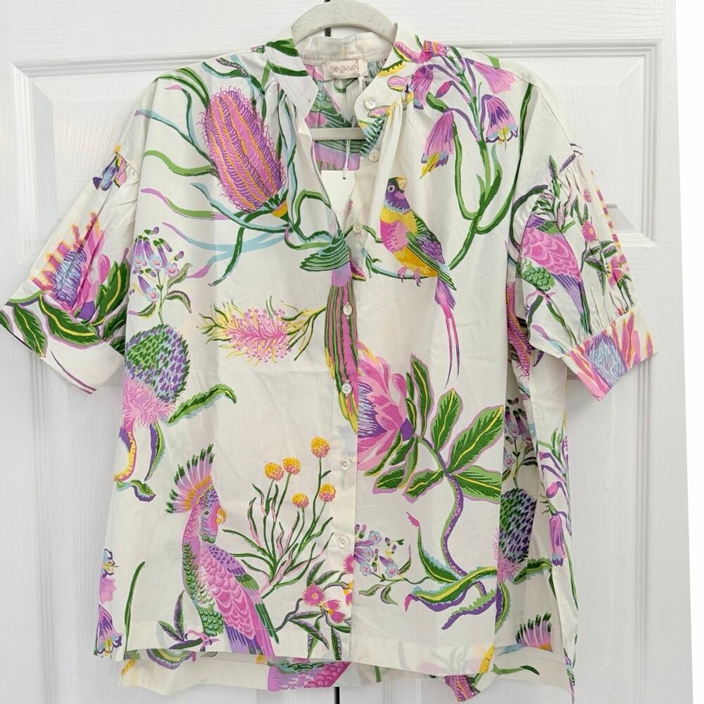 Anthropologie Banjanan Ivy Afterglow Short Sleeve Blouse Parrot Print Small NWT - Picture 4 of 6